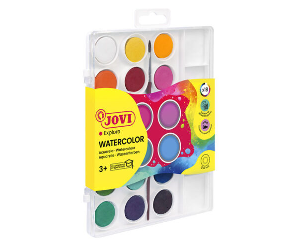WATERCOLORS Box 18 watercolour tablets 22 mm assorted colours + brush