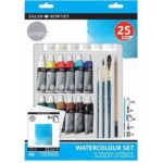 Daler Rowney Boite ensemble 25 pièces aquarelle:12 Tubes Peinture+3 Pinceaux+Palette+Papier