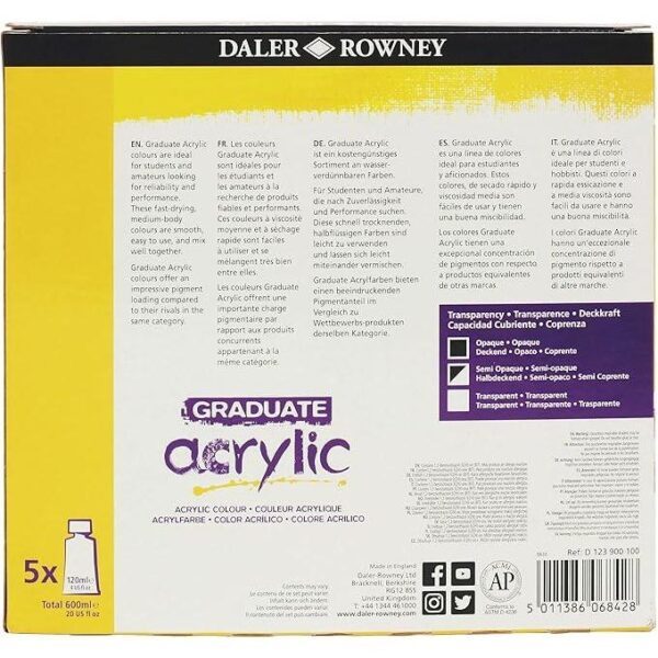 Daler Rowney Ensemble de peinture acrylique Graduate, 5 tubes de couleurs assorties, 120 ml – Image 2