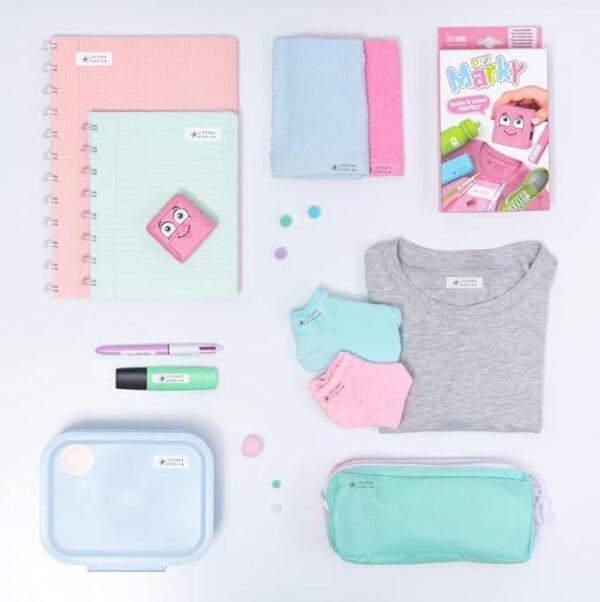 DIY MARKY - Customizable Stamp for Kids | for Clothing and Children's Items | Includes Ink for up to 1000 Impressions | Suitable for All Surfaces | Complete Kit with Labels and Iron-on Tape (Pink) – Image 3