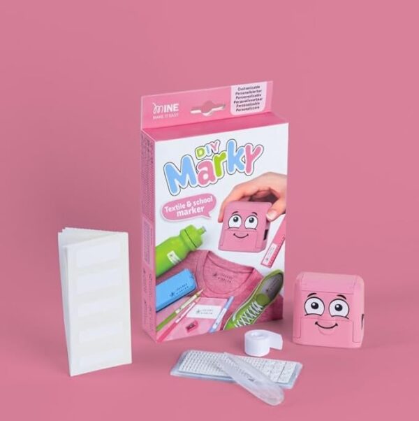 DIY MARKY - Customizable Stamp for Kids | for Clothing and Children's Items | Includes Ink for up to 1000 Impressions | Suitable for All Surfaces | Complete Kit with Labels and Iron-on Tape (Pink)