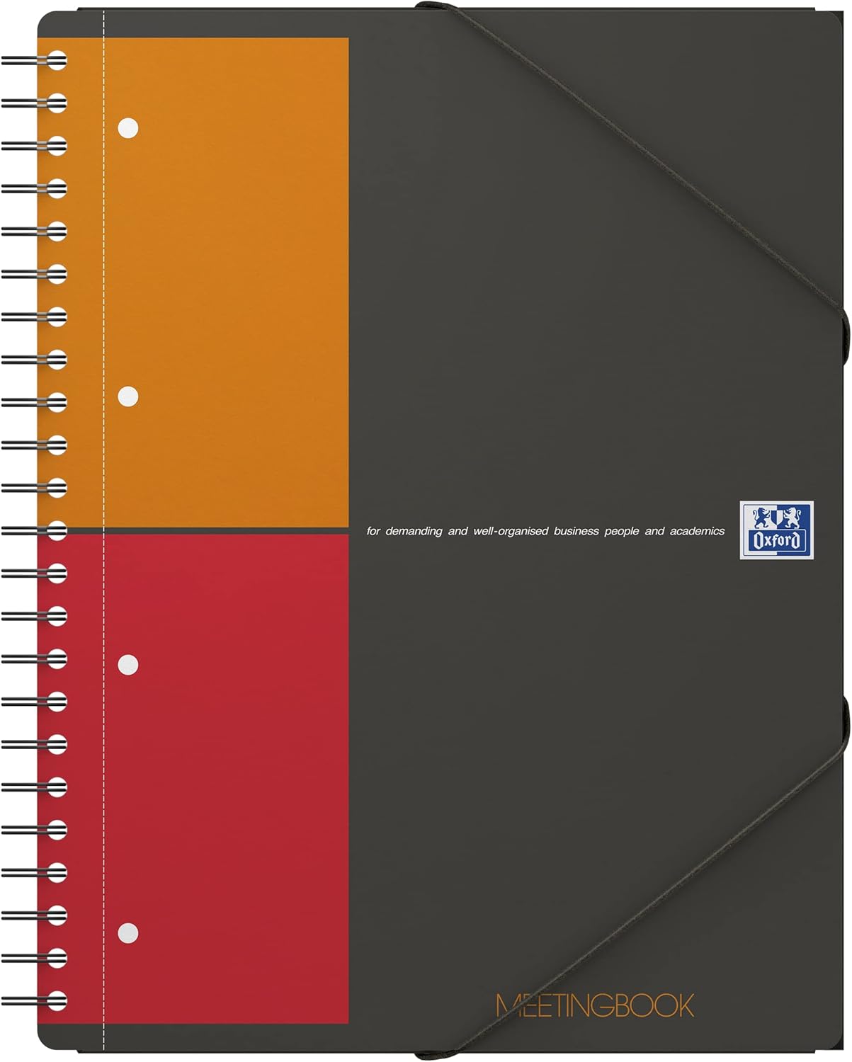 OXFORD 100100362 Meetingbook International A4 + Checkered 4-fold Perforated 160 Sheets 2 in 1: College Block and Elastic Band Gray - Clever Organization for Managers and Executives