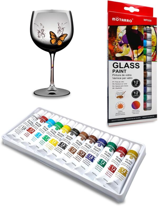 Set of 12 Permanent Colours for Glass and Porcelain, Water-Based Acrylic Paint for Painting Glass, Porcelain, Metal, Ceramic, Tempera, for Beginners and Artists, Intense Colouring