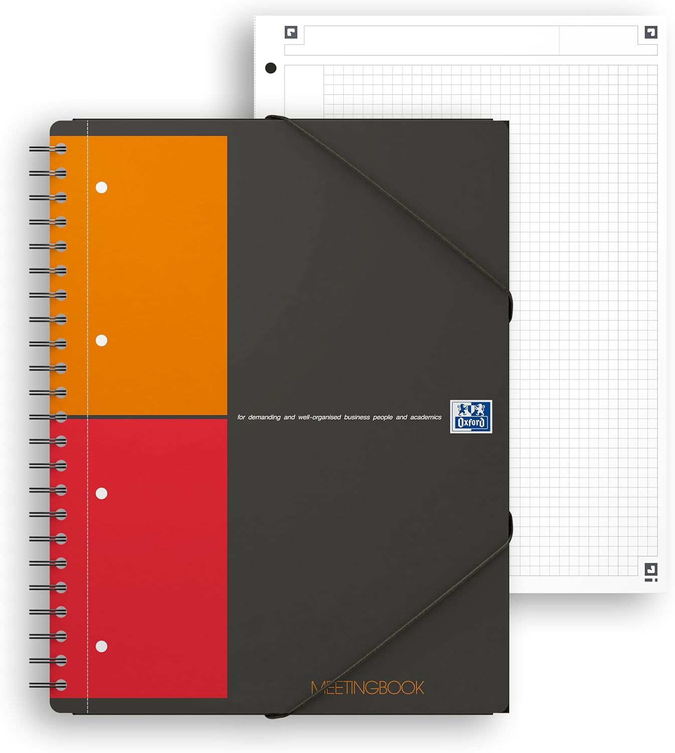 OXFORD 100100362 Meetingbook International A4 + Checkered 4-fold Perforated 160 Sheets 2 in 1: College Block and Elastic Band Gray - Clever Organization for Managers and Executives – Image 4