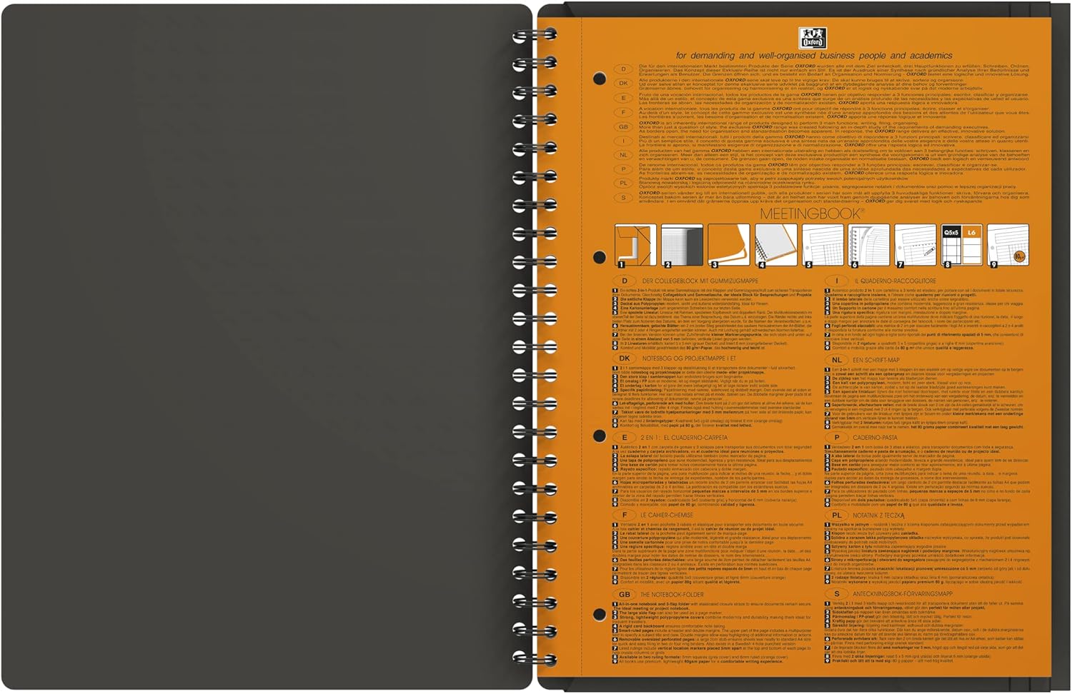 OXFORD 100100362 Meetingbook International A4 + Checkered 4-fold Perforated 160 Sheets 2 in 1: College Block and Elastic Band Gray - Clever Organization for Managers and Executives – Image 3