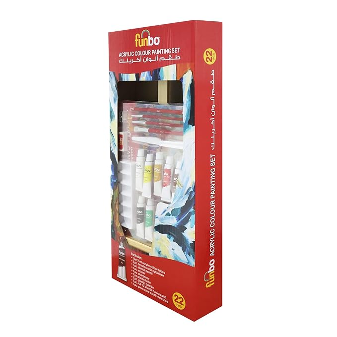 Funbo 22-Piece Acrylic Painting Set, Artist Supplies with Pine Wood Easel varnished, 12×12ML Acrylic Paint Set, A4 12sheets Canvas Pad, brush Set and More, Art Painting Set for Kids & Adults – Image 2