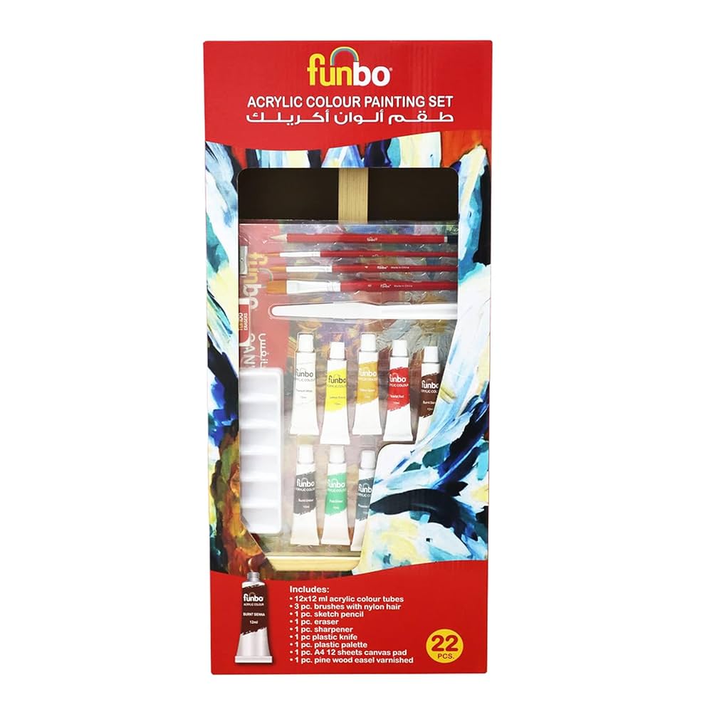 Funbo 22-Piece Acrylic Painting Set, Artist Supplies with Pine Wood Easel varnished, 12×12ML Acrylic Paint Set, A4 12sheets Canvas Pad, brush Set and More, Art Painting Set for Kids & Adults